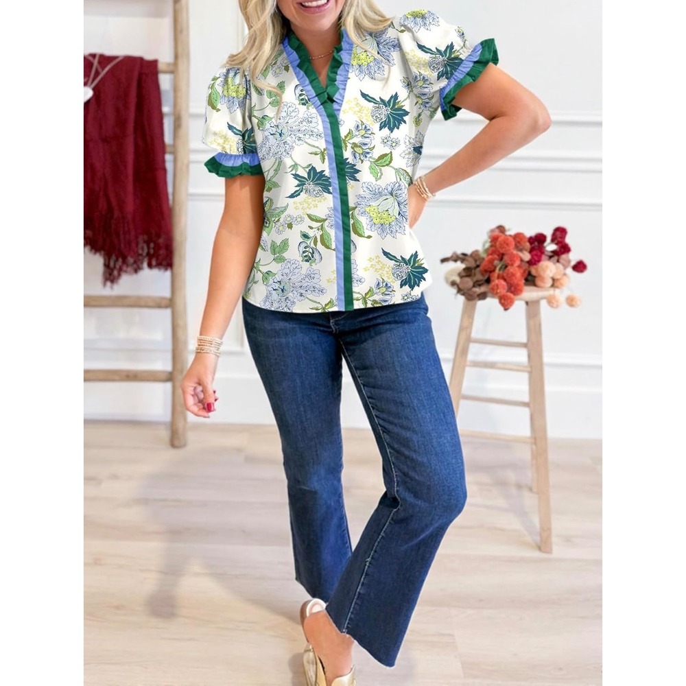 Floral Ruffle V-Neck Puff Sleeve Blouse White Green Blue Top size L New